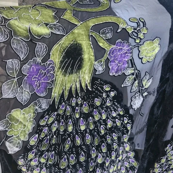 Peacock Embroidered Silk Velvet Trimmed Fringed Black Sheer Kimono